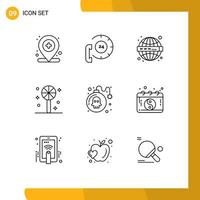 Group of 9 Modern Outlines Set for danger holiday help halloween www Editable Vector Design Elements