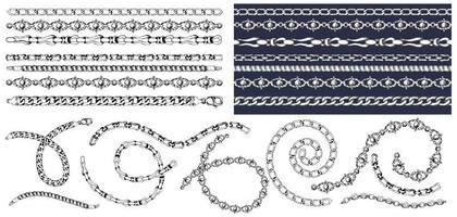 Set of brush patterns with retro hand-drawn sketch chain on dark background. Drawing engraving texture. Great design for fashion, textile, decorative frame, yacht style card.