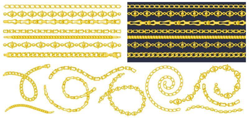 Set of brush patterns with retro hand-drawn sketch golden chain on dark background. Drawing engraving texture. Great design for fashion, textile, decorative frame, yacht style card.
