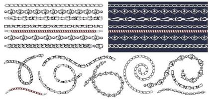 Set of brush patterns with retro hand-drawn sketch silver chain on dark background. Drawing engraving texture. Great design for fashion, textile, decorative frame, yacht style card. vector
