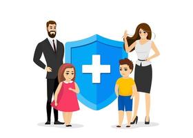 concepto de banner de seguro de salud y vida familiar. padres e hijos cerca del escudo de protección con símbolo médico. pareja joven y apoyo médico para niños. cuidado de la salud vector eps ilustración