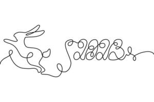 2023. A stylized handwritten lettering and an image of a jumping rabbit in one solid line. Lettering vector