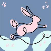 A stylized image of a jumping rabbit with one solid line with color spots in trendy shades. Line art vector