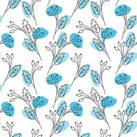 Endless pattern of contour rosehip branches with winter blue marker blots. Abstract backdrop texture