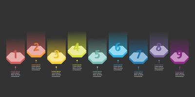 línea de tiempo con plantilla de número para plantilla de infografía de tecnología colorida con 9 elementos vector