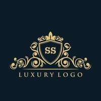 logotipo de la letra ss con escudo dorado de lujo. plantilla de vector de logotipo de elegancia.