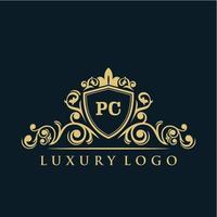 Letter PC logo with Luxury Gold Shield. Elegance logo vector template.