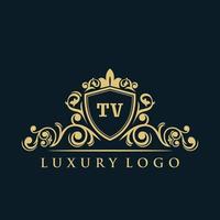 logotipo de tv de letras con escudo dorado de lujo. plantilla de vector de logotipo de elegancia.