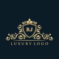 logotipo de la letra rj con escudo dorado de lujo. plantilla de vector de logotipo de elegancia.