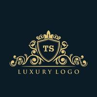 logotipo de la letra ts con escudo dorado de lujo. plantilla de vector de logotipo de elegancia.