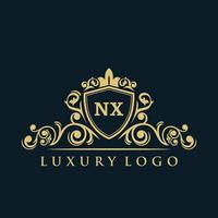 logotipo de la letra nx con escudo dorado de lujo. plantilla de vector de logotipo de elegancia.