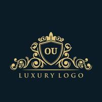 logotipo de la letra ou con escudo dorado de lujo. plantilla de vector de logotipo de elegancia.