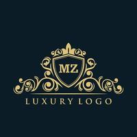 logotipo de la letra mz con escudo dorado de lujo. plantilla de vector de logotipo de elegancia.