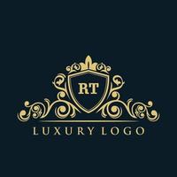 Letter RT logo with Luxury Gold Shield. Elegance logo vector template.