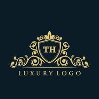 logotipo de la letra th con escudo dorado de lujo. plantilla de vector de logotipo de elegancia.