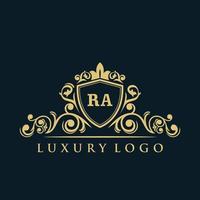 logotipo de la letra ra con escudo dorado de lujo. plantilla de vector de logotipo de elegancia.