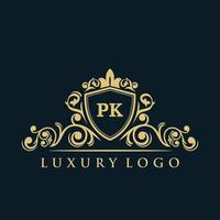 logotipo de letra pk con escudo dorado de lujo. plantilla de vector de logotipo de elegancia.