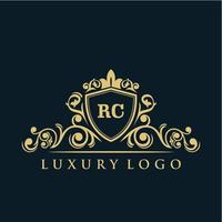 logotipo de letra rc con escudo de oro de lujo. plantilla de vector de logotipo de elegancia.