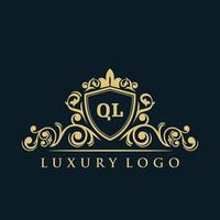 logotipo de letra ql con escudo de oro de lujo. plantilla de vector de logotipo de elegancia.