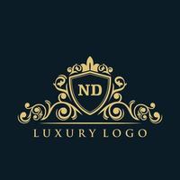 logotipo de letra nd con escudo de oro de lujo. plantilla de vector de logotipo de elegancia.