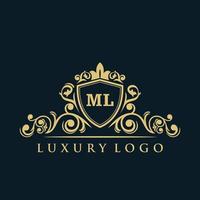logotipo de letra ml con escudo dorado de lujo. plantilla de vector de logotipo de elegancia.