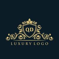 logotipo de la letra qd con escudo dorado de lujo. plantilla de vector de logotipo de elegancia.