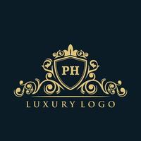 logotipo de letra ph con escudo dorado de lujo. plantilla de vector de logotipo de elegancia.