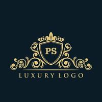 logotipo de la letra ps con escudo dorado de lujo. plantilla de vector de logotipo de elegancia.