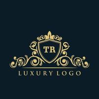 logotipo de la letra tr con escudo dorado de lujo. plantilla de vector de logotipo de elegancia.