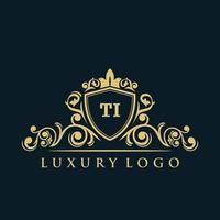 logotipo de la letra ti con escudo dorado de lujo. plantilla de vector de logotipo de elegancia.