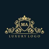 logotipo de la letra ma con escudo dorado de lujo. plantilla de vector de logotipo de elegancia.