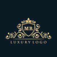 logotipo de la letra mr con escudo dorado de lujo. plantilla de vector de logotipo de elegancia.