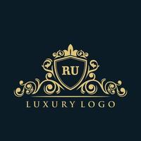 Letter RU logo with Luxury Gold Shield. Elegance logo vector template.