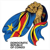 puño mano sujetando la bandera de la república democrática del congo. ilustración vectorial de la bandera de agarre de mano levantada. bandera colgando alrededor de la mano. formato eps vector