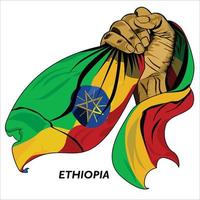 mano con puño sosteniendo la bandera etíope. ilustración vectorial de la bandera de agarre de mano levantada. bandera colgando alrededor de la mano. formato eps escalable vector
