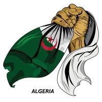 Fisted hand holding Algerian flag. Vector illustration of Hand lifted and grabbing flag . Flag draping around hand