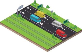 escena isométrica de la furgoneta logística de transporte en el tráfico de carreteras y ferrocarriles vector