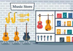 tienda de música con varios instrumentos musicales, cd, cintas de casete y grabaciones de audio en una ilustración de plantilla dibujada a mano de dibujos animados de estilo plano vector