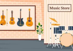 tienda de música con varios instrumentos musicales, cd, cintas de casete y grabaciones de audio en una ilustración de plantilla dibujada a mano de dibujos animados de estilo plano vector