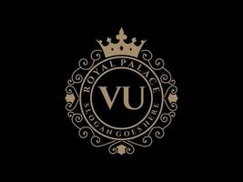 letra vu logotipo victoriano de lujo real antiguo con marco ornamental. vector