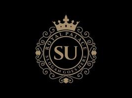 Letter SU Antique royal luxury victorian logo with ornamental frame. vector