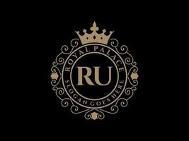 Letter RU Antique royal luxury victorian logo with ornamental frame. vector