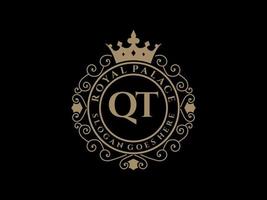 Letter QT Antique royal luxury victorian logo with ornamental frame. vector