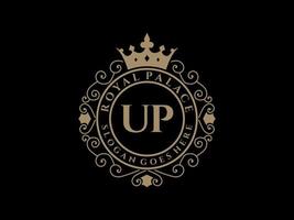 Letter UP Antique royal luxury victorian logo with ornamental frame. vector