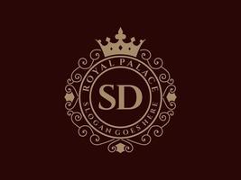 letra sd logotipo victoriano de lujo real antiguo con marco ornamental. vector