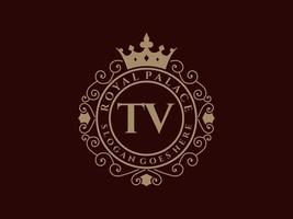 Letter TV Antique royal luxury victorian logo with ornamental frame. vector