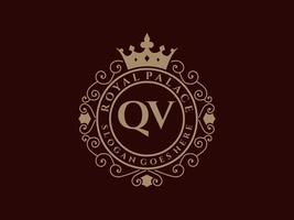 Letter QV Antique royal luxury victorian logo with ornamental frame. vector