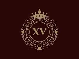 Letter XV Antique royal luxury victorian logo with ornamental frame. vector