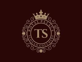 Letter TS Antique royal luxury victorian logo with ornamental frame. vector