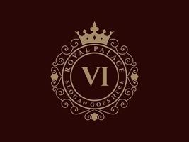 letra vi logotipo victoriano de lujo real antiguo con marco ornamental. vector